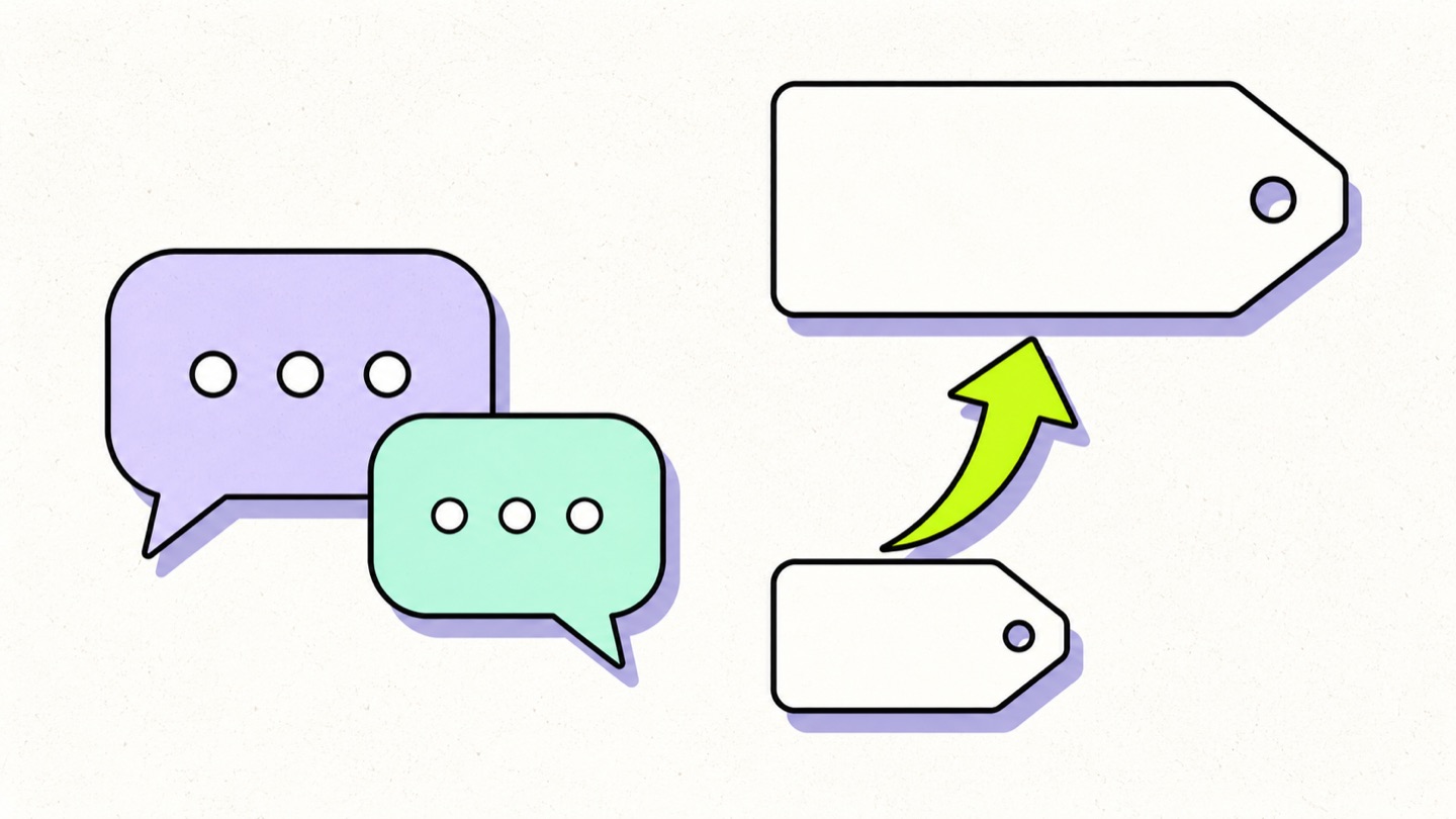 Illustration of two chat bubbles and a chartreuse arrow lifting a small price tag up to a larger one