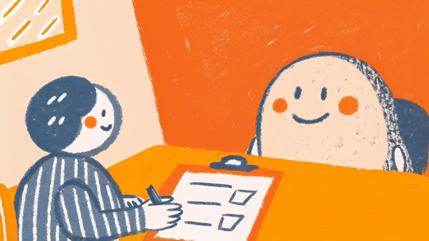 Illustration of two people at a desk working through a four-point checklist together