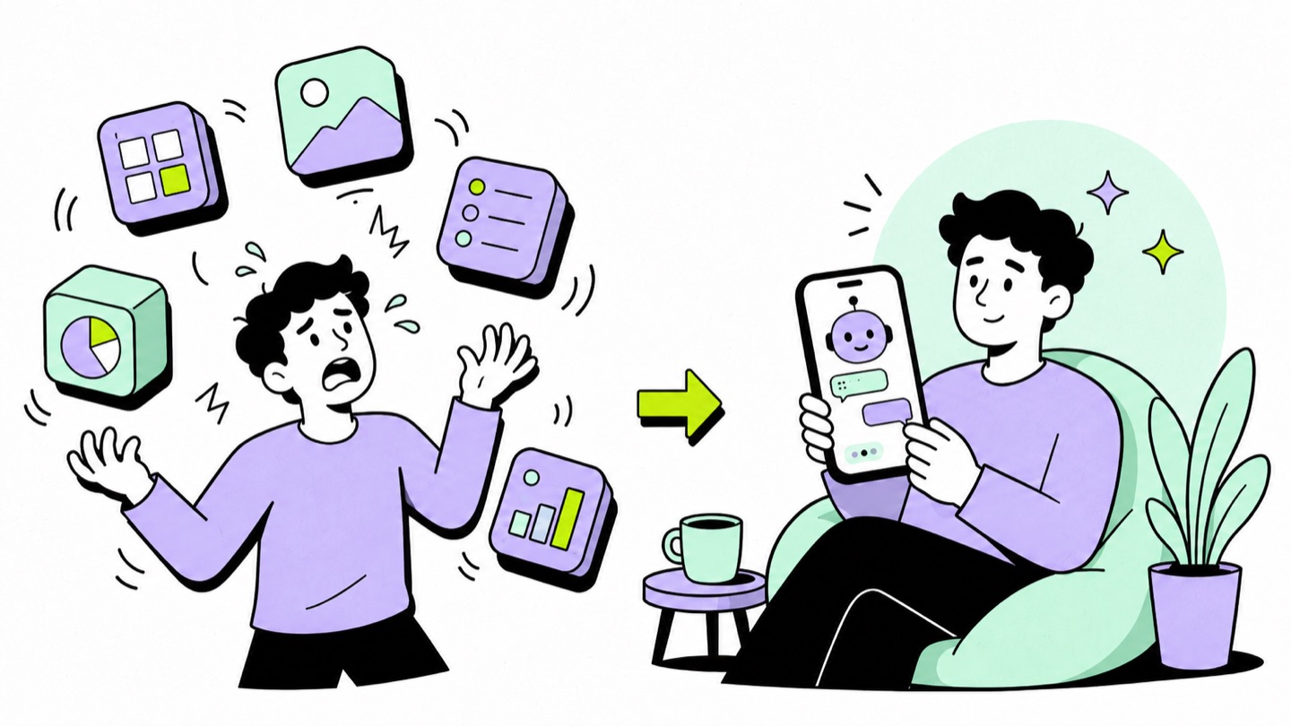Illustration of a creator juggling five separate AI tool cubes versus a relaxed creator texting one AI creator manager