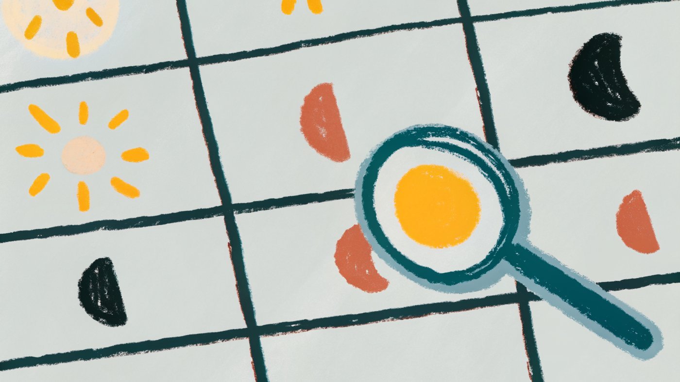Illustration of a weekly calendar comparing morning, midday and evening Instagram posting slots under a magnifying glass