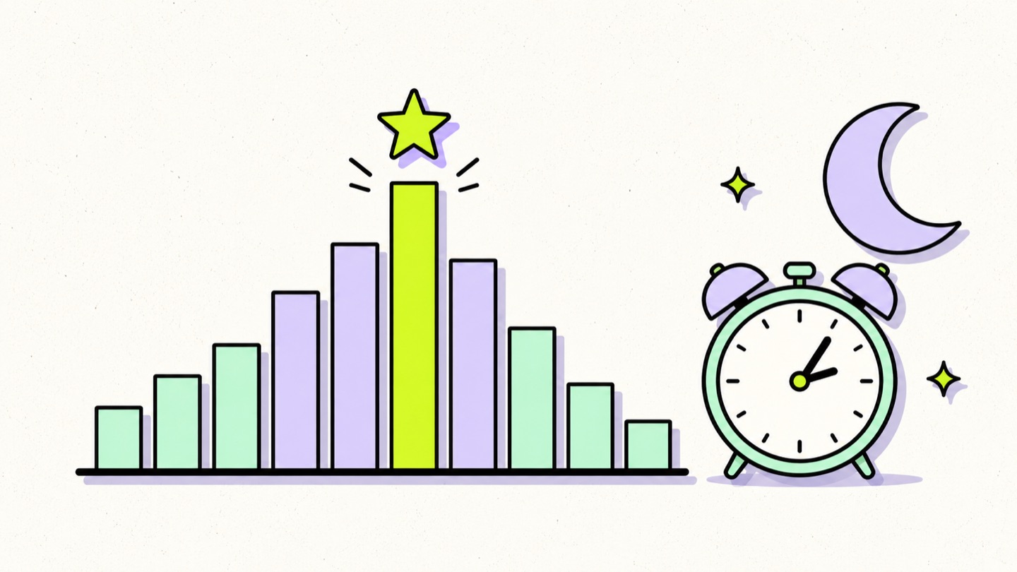 Illustration of a best-time-to-post chart with a starred hour while the actual Instagram audience sleeps next to an alarm clock