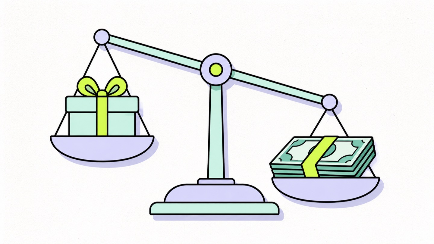 Illustration of a balance scale weighing a gifted product box against a stack of cash, tipping toward cash