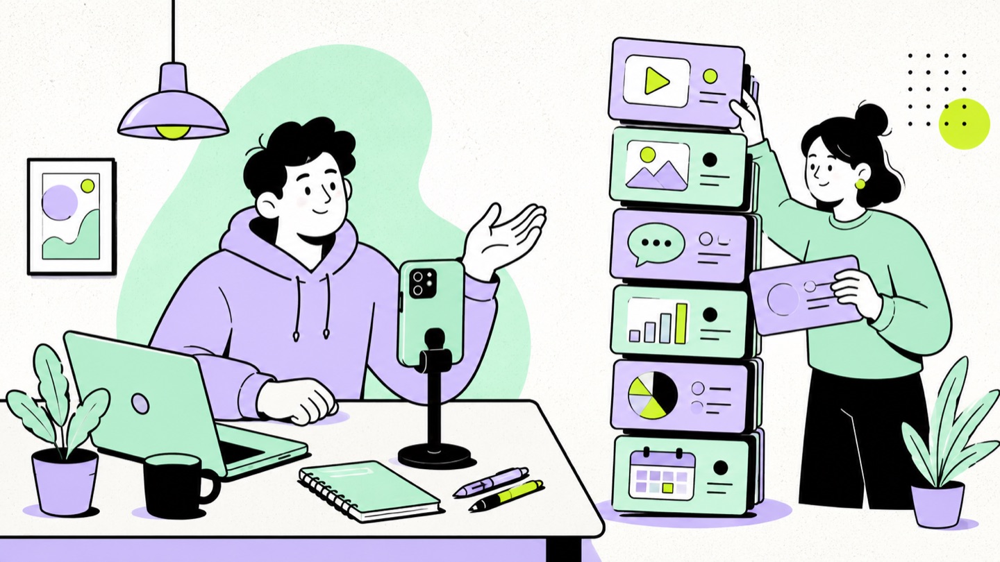 Illustration of a content creator at a laptop while a small creator manager assistant handles a stack of tasks beside them