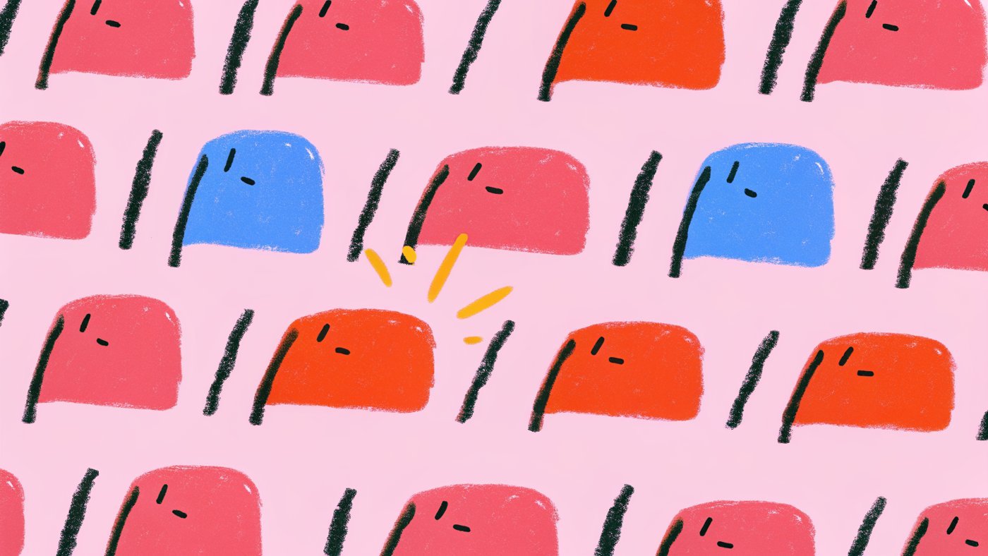 Illustration of rows of near-identical speech bubbles with one distinctive one standing out from the grid