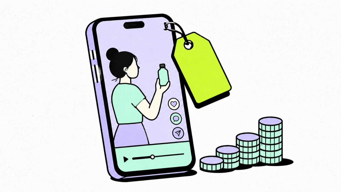 Illustration of a phone playing a creator's skincare video with a bold chartreuse price tag and a rising stack of coins
