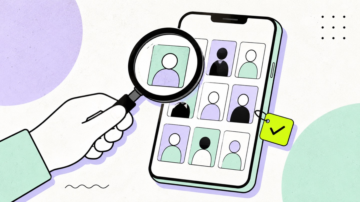 Illustration of a creator holding a magnifying glass up to their own Instagram profile grid during a self-audit
