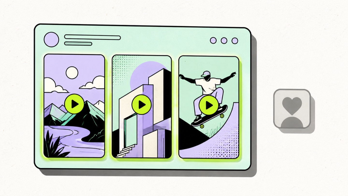 Illustration of a portfolio with three glowing vertical video thumbnails beside a dim greyed-out follower icon