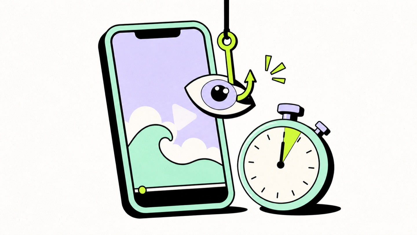 Illustration of a reel hook catching a viewer's attention on a phone next to a stopwatch showing 1.5 seconds