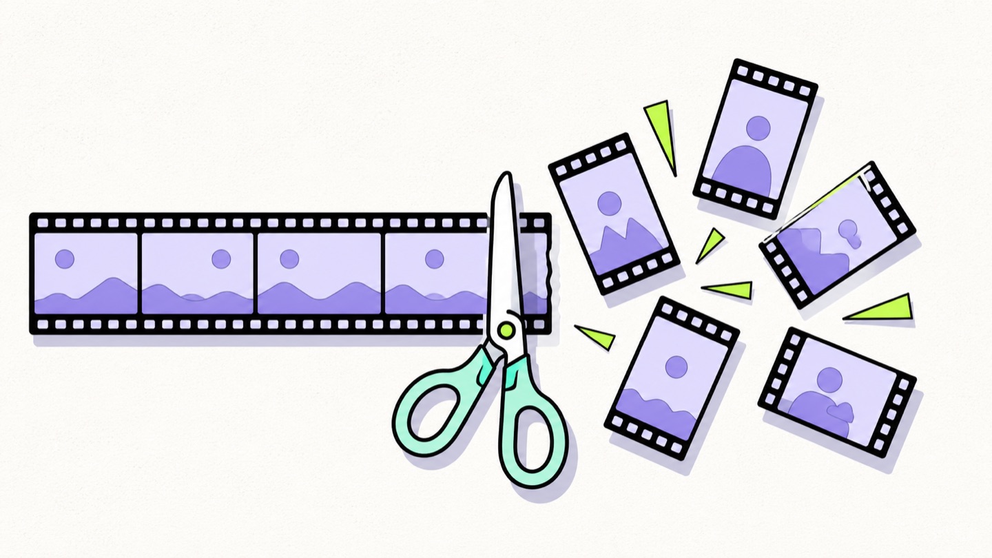 Illustration of scissors cutting one long video film strip into multiple short-form vertical clips