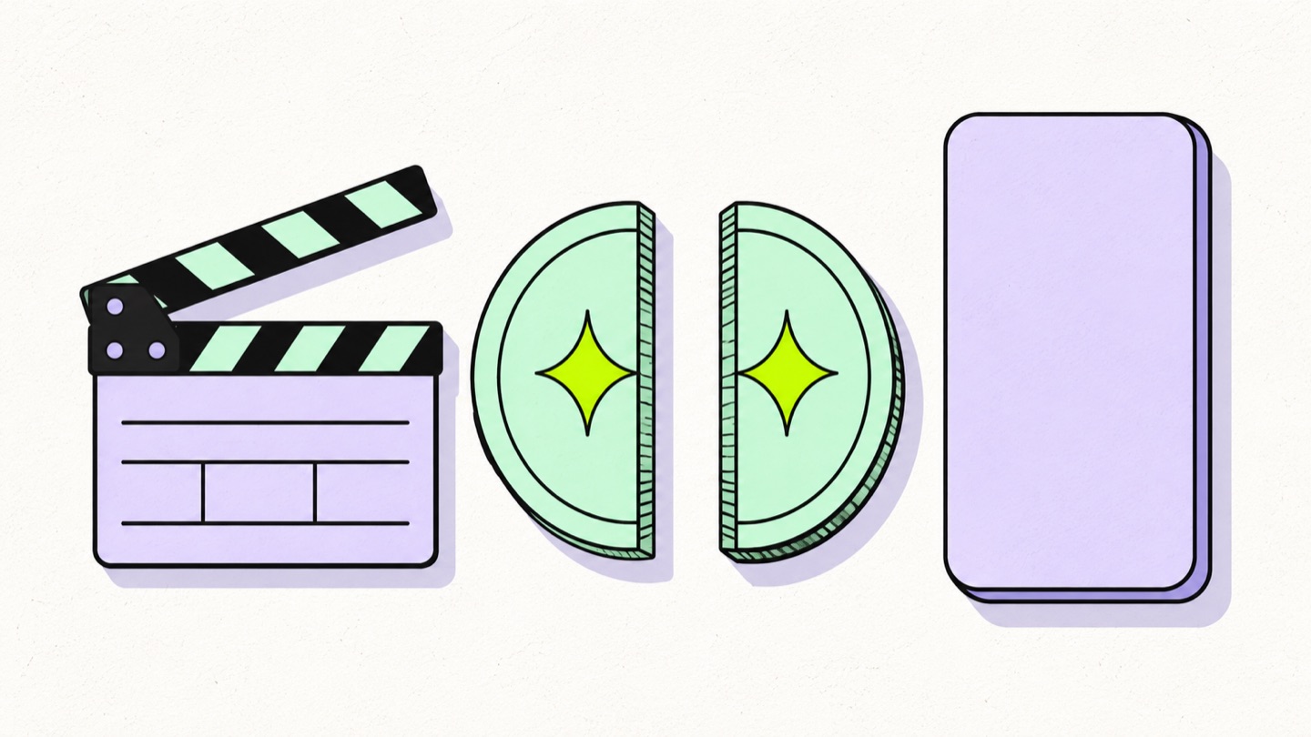 Illustration of a coin split into two halves between a film clapperboard and a finished video on a phone