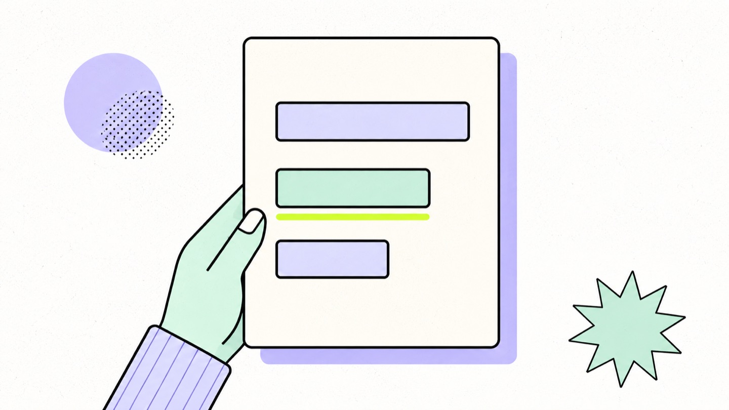 Illustration of a hand holding a rate-card document with tiered price bars and a chartreuse underline