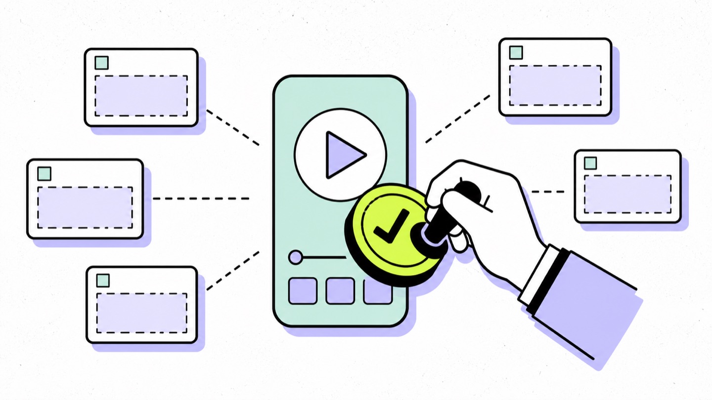 Illustration of a creator video clip being stamped with a chartreuse checkmark seal as ad frames radiate outward